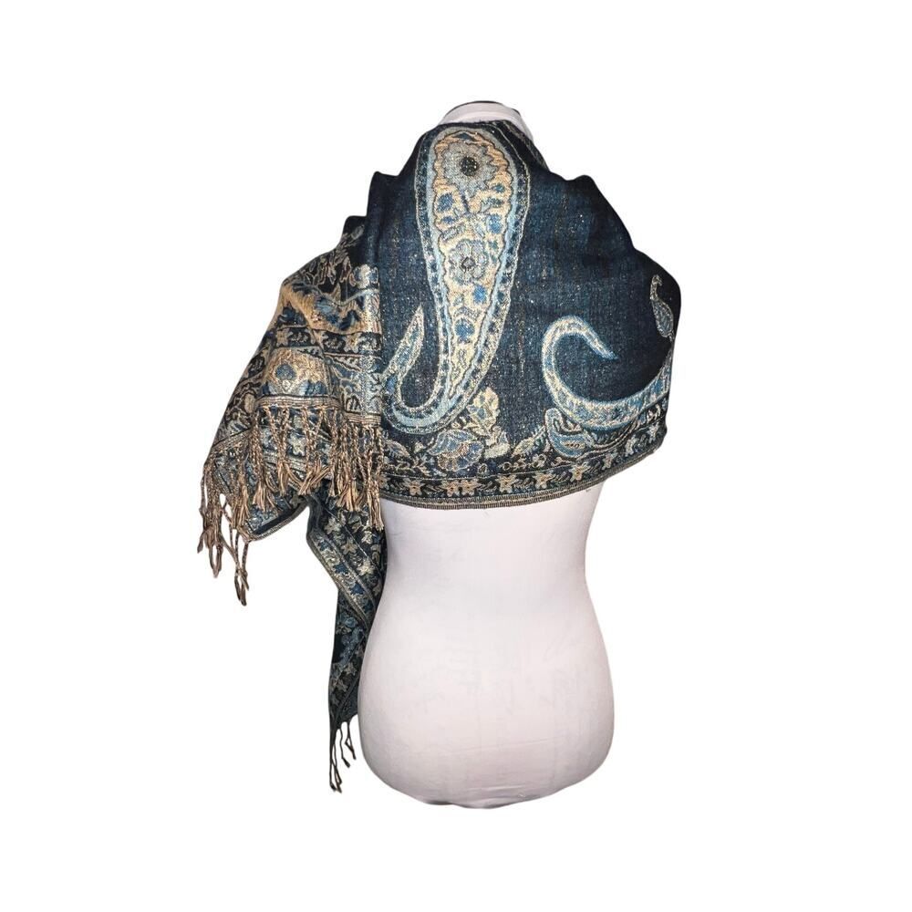 Paisley metallic blue, gold fringe‎ shawl scarf, sarong bohemian GypsyGoth - Picture 4 of 15